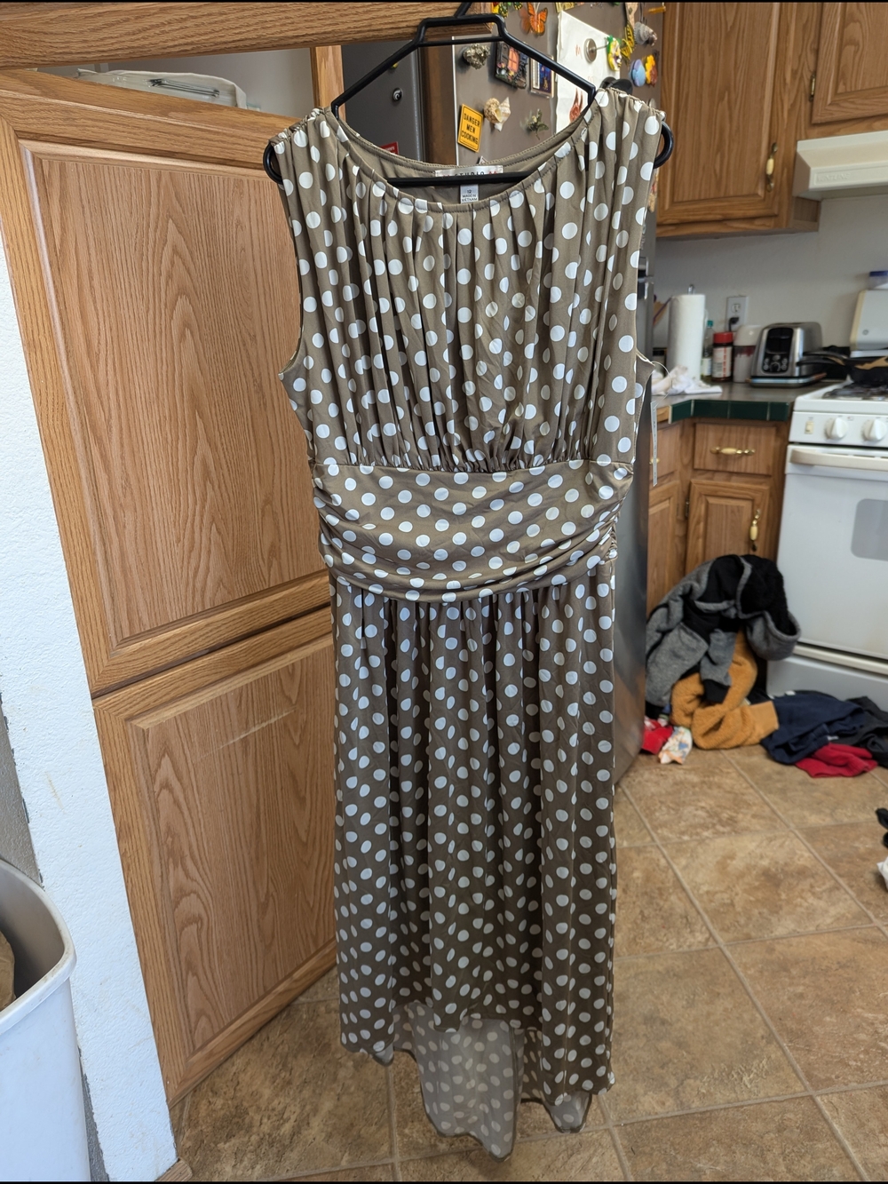 Polka Dot Sleeveless Maxi Dress in Taupe and White